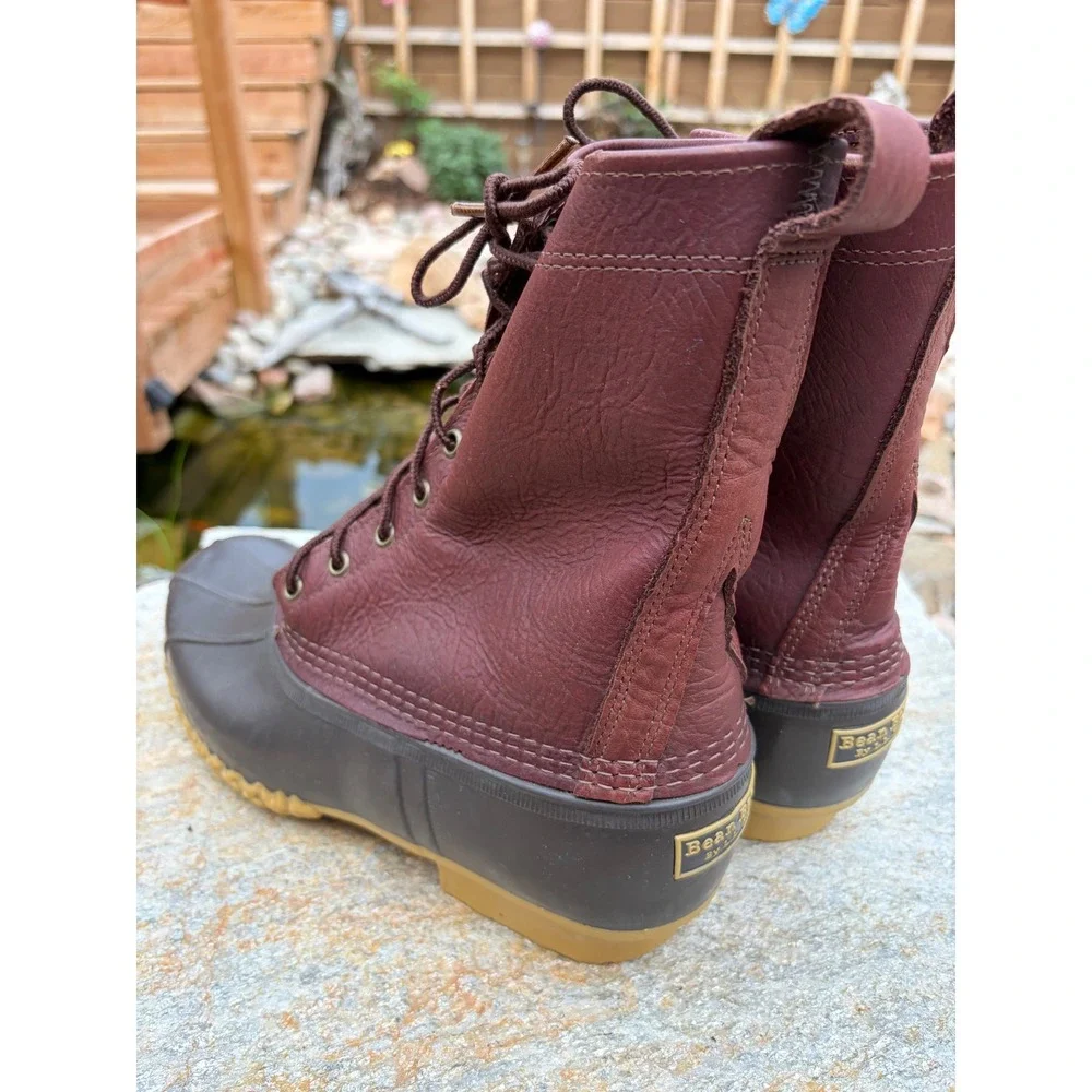 LL Bean 8 Inch Duck Boots Mens 11 Wide Burgundy Leather Brown Rubber Made in USA